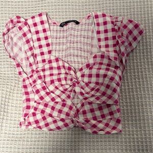 Zara Pink Gingham Knot-Front Crop Top